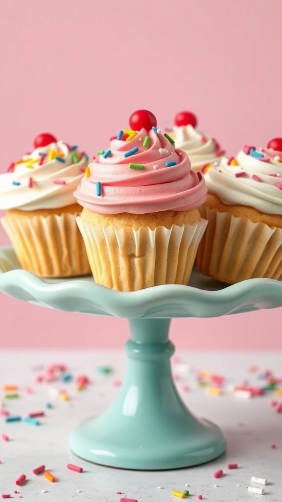 A plate of decorated cupcake cookies with colorful frosting and sprinkles.