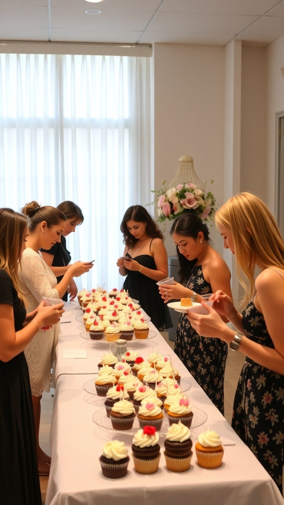 Women participating in a cupcake decorating contest at a bridal shower