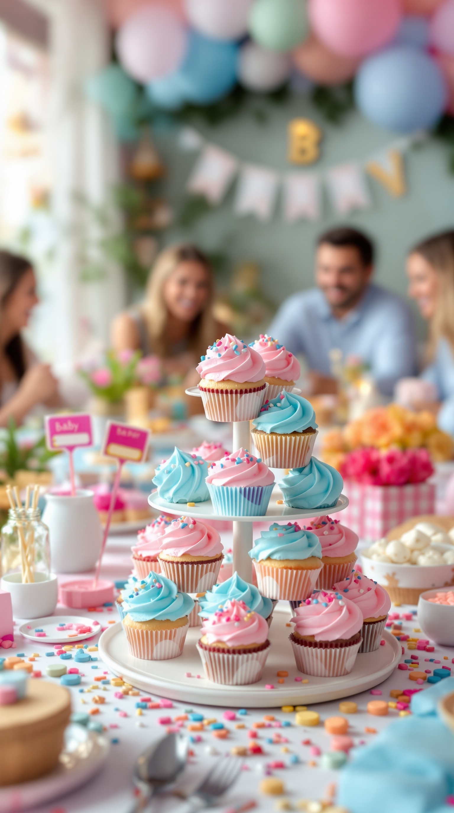A colorful cupcake tower with pink and blue cupcakes at a gender reveal party.