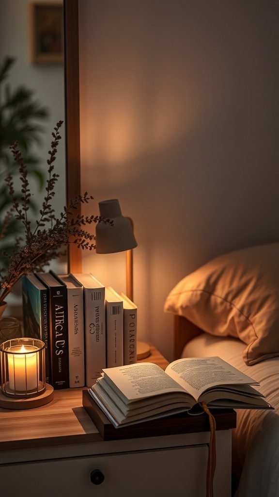 A cozy bedside table with a curated collection of books, a lamp, and a candle, creating a romantic atmosphere.