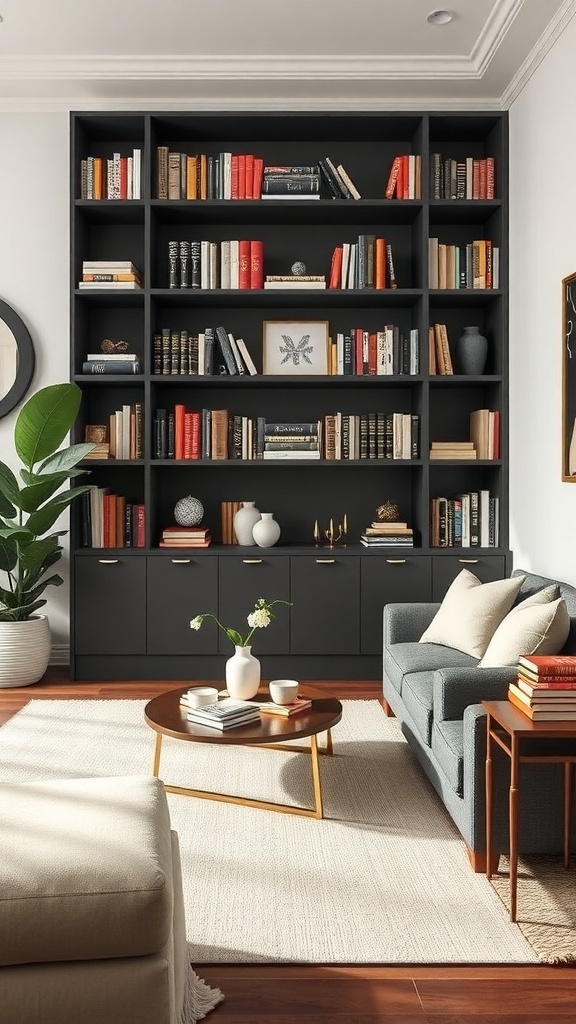 A modern living room with a dark bookshelf filled with books and decorative items, featuring a cozy sofa and a coffee table.