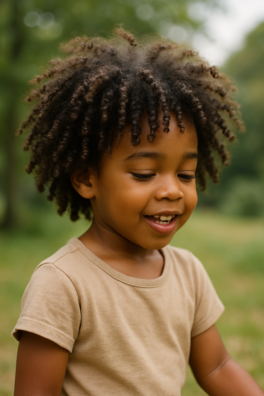A child with curly hair smiling outdoors