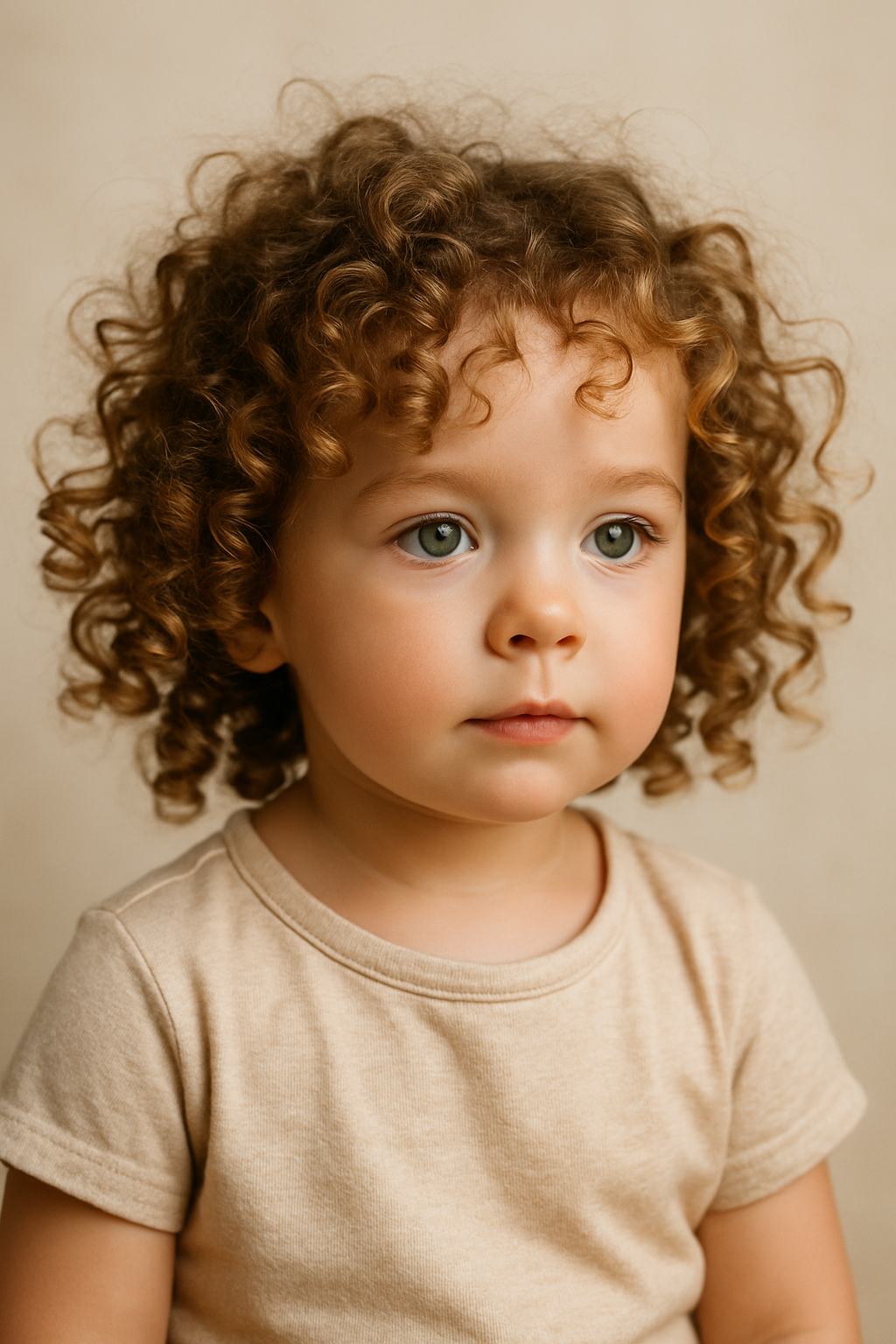 A toddler with curly hair, showcasing a playful hairstyle with beads.