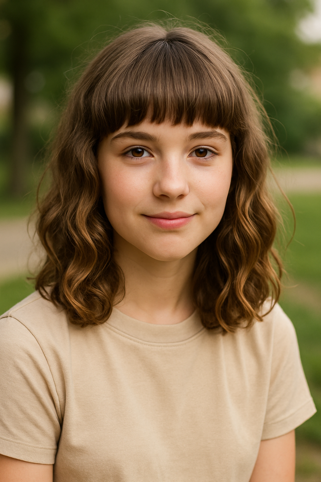 A girl with a curly bob hairstyle and bangs, smiling outdoors.