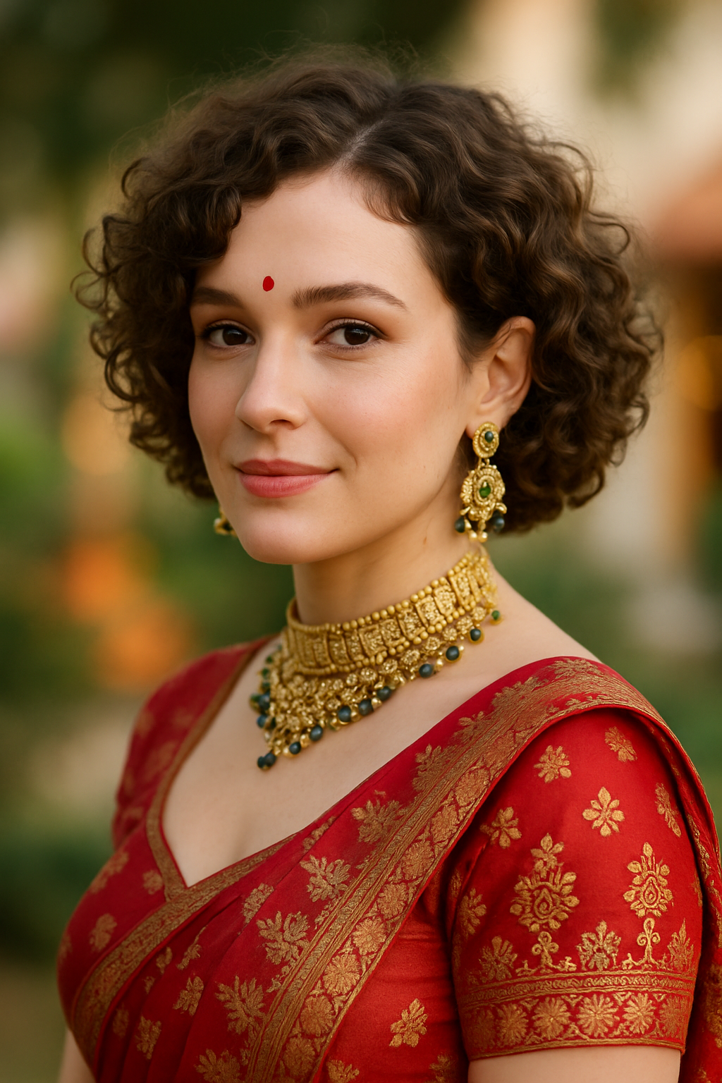A woman with a curly bob hairstyle, wearing statement jewelry and a red saree with gold accents.