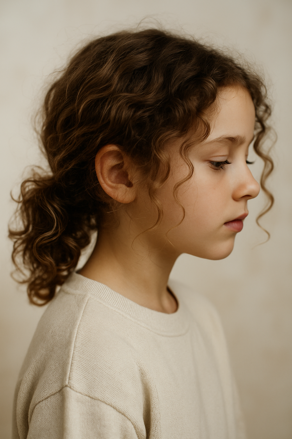 A child with curly hair styled in a ponytail, showcasing curly braids.