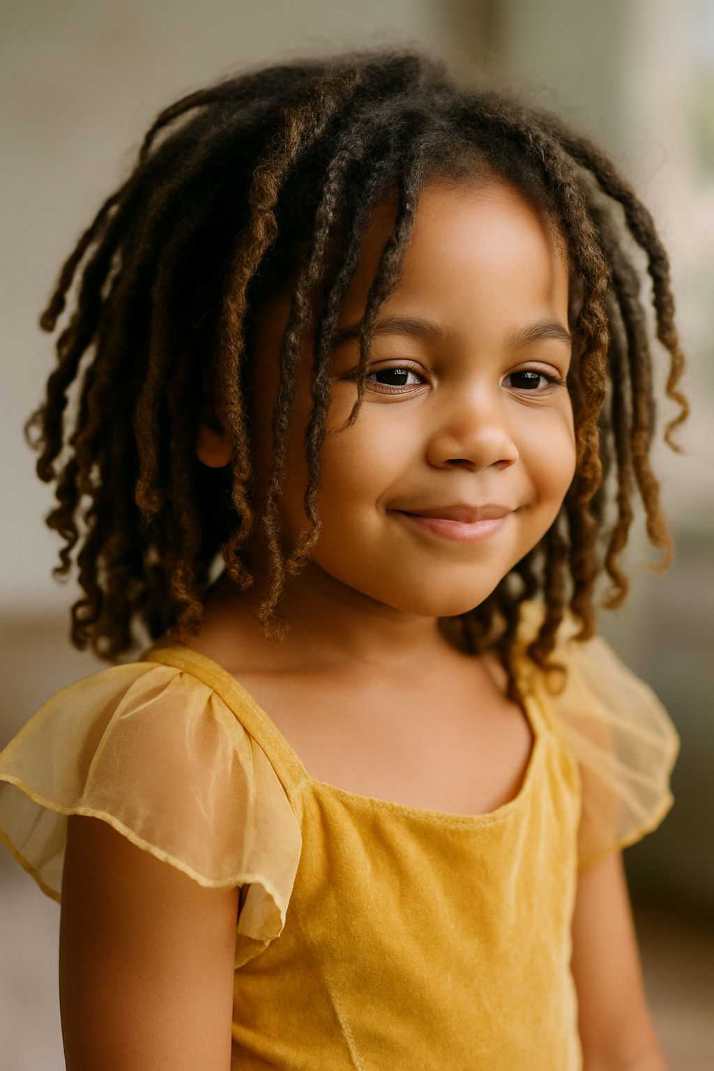 A young girl with curly dreads wearing a yellow dress, smiling.