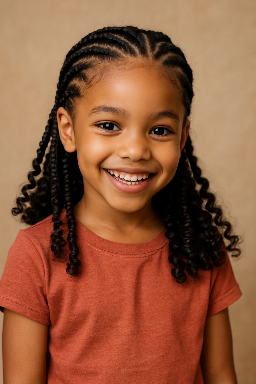 A girl with long, straight hair, showcasing a hairstyle with curly ends.