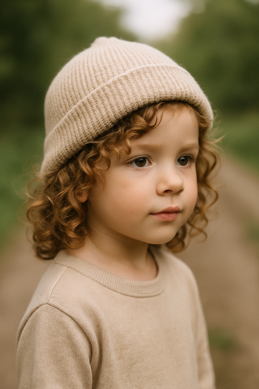 A child with curly hair wearing a beige beanie