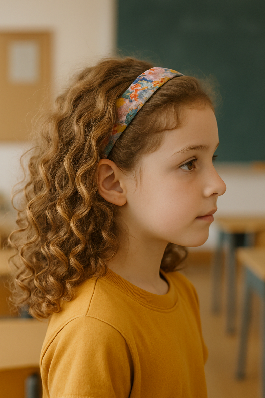 A child with curly hair wearing a colorful headband, looking to the side.