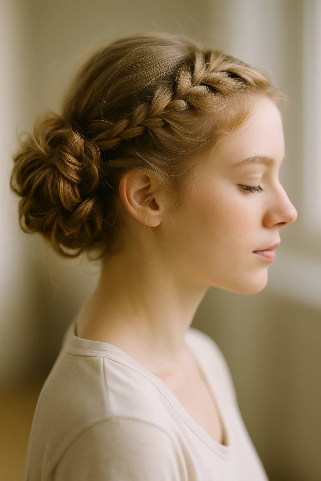A girl with curly hair styled in braids and a bun, showcasing a chic hairstyle with clips.