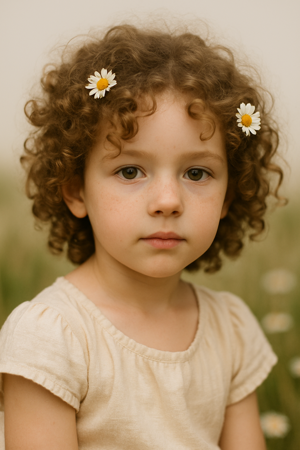 A young girl with curly hair adorned with white daisies, sitting in a field.