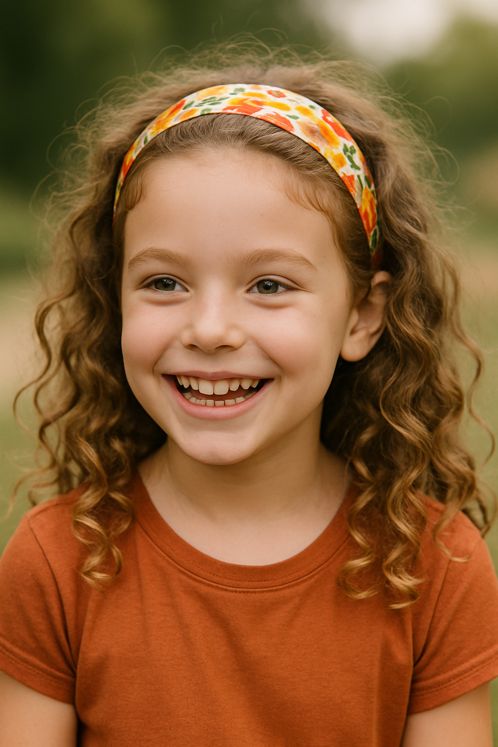 A young girl with curly hair wearing a colorful headband, smiling outdoors.