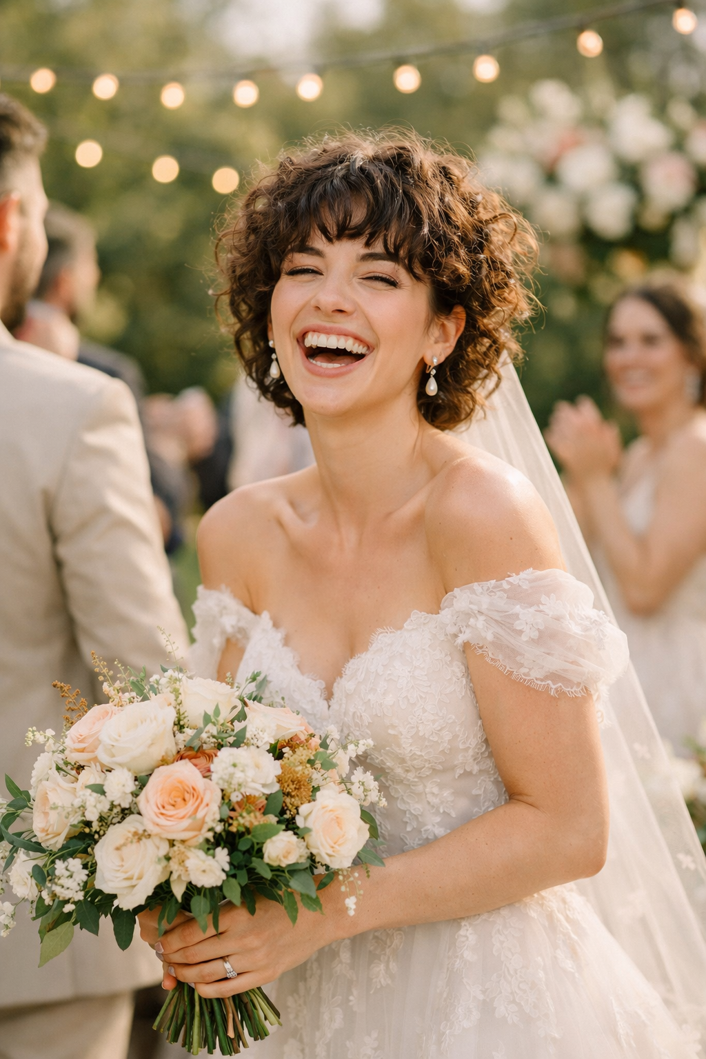 A woman with curly hair and short bangs, smiling while holding a bouquet at a wedding.