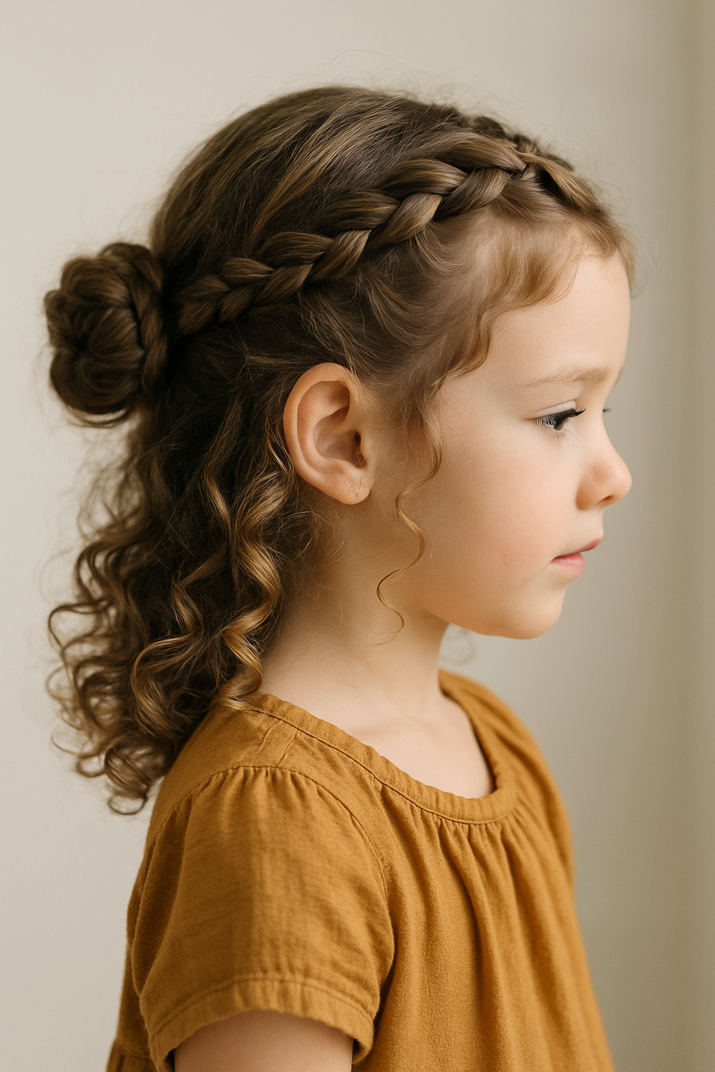 A young girl with curly hair styled with flower clips, showcasing a playful hairstyle.