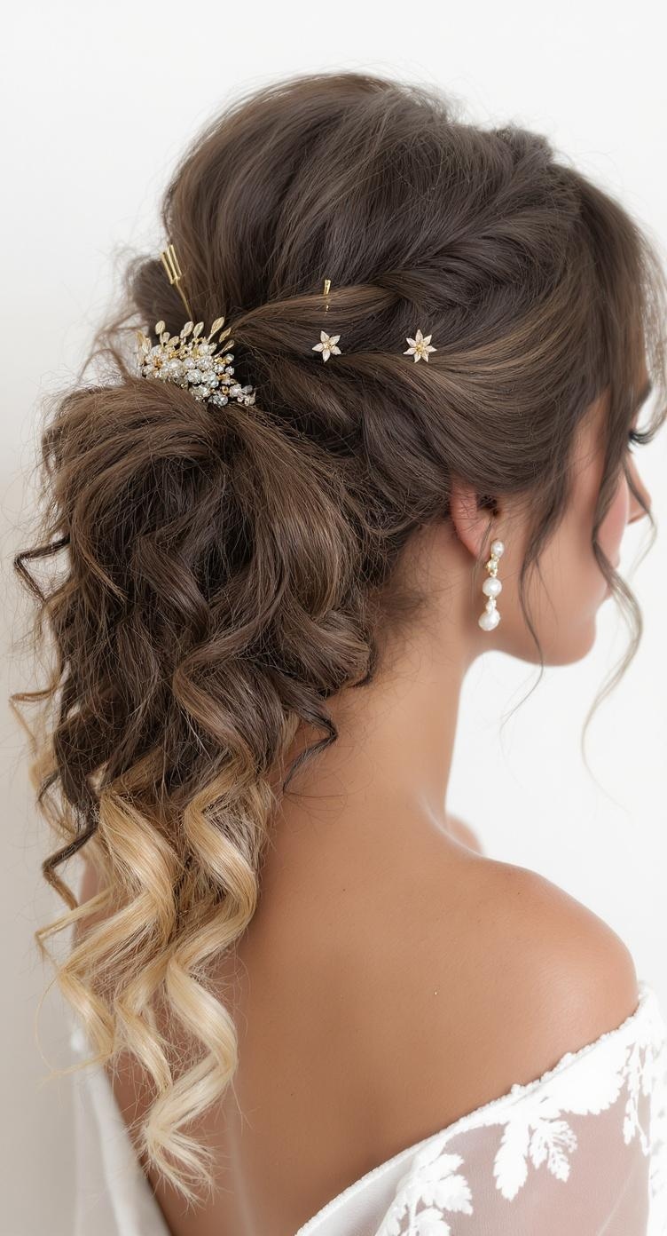 A curly ponytail hairstyle adorned with delicate hairpins, showcasing elegance and style for a wedding bridesmaid.