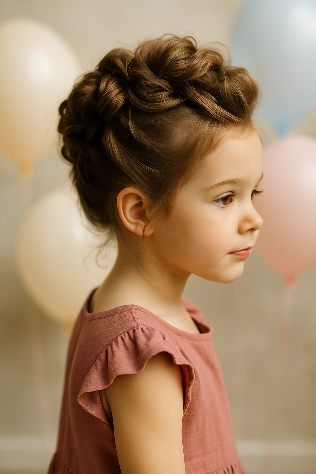 A little girl with a curly updo hairstyle, wearing a pink dress, with balloons in the background.