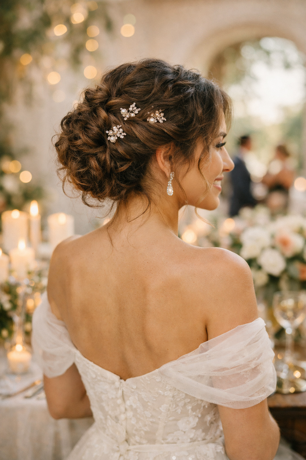 A woman with a curly updo adorned with hairpins, seated at a wedding reception.