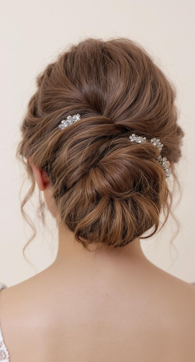 A medium-length curly updo hairstyle adorned with sparkling clips.