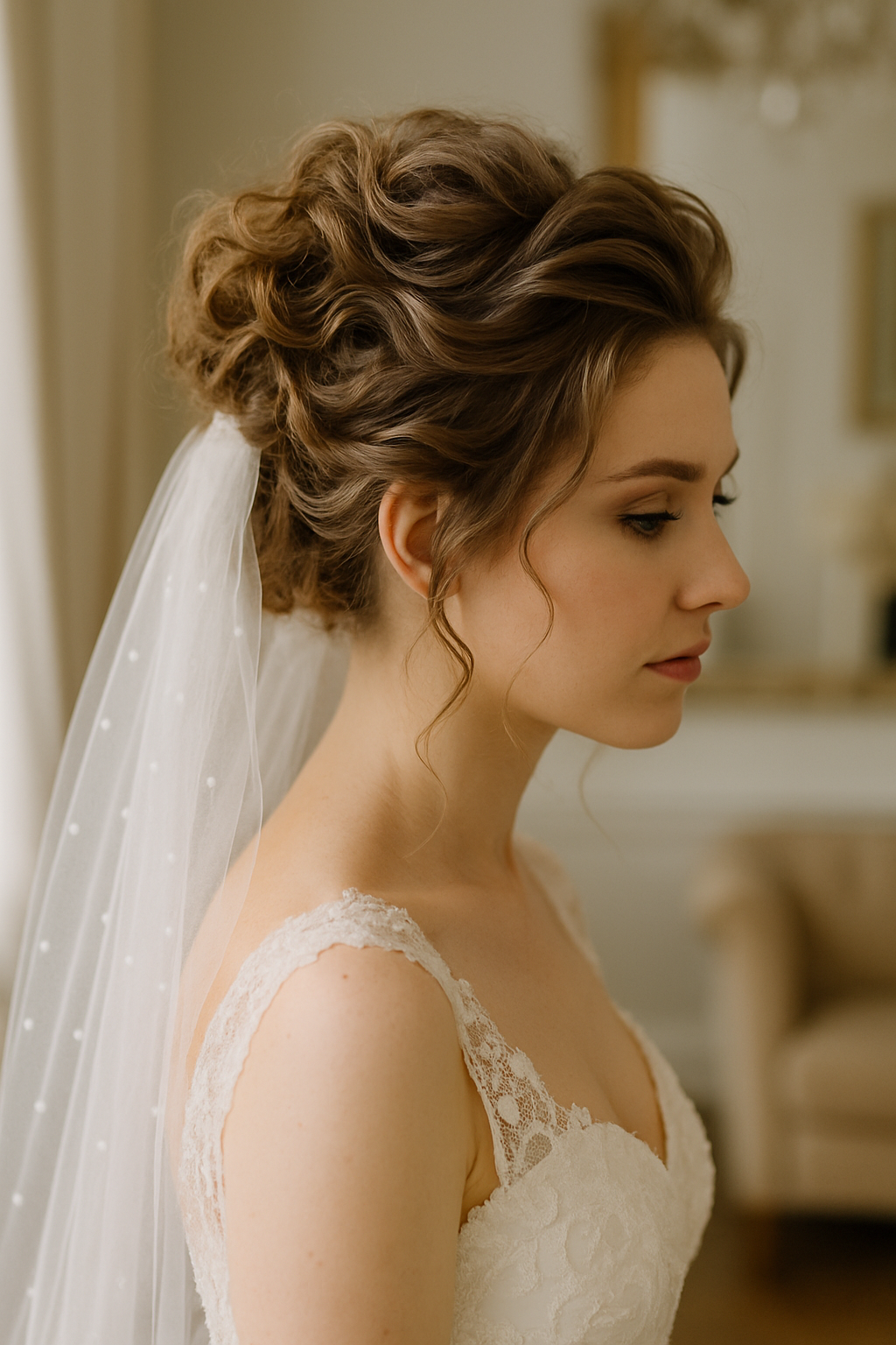 Bride with curly updo hairstyle and veil