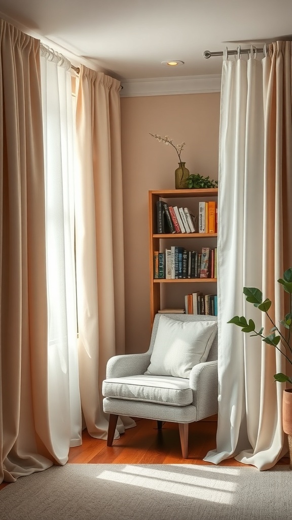 A cozy reading nook with soft curtains, an armchair, and a small bookshelf.