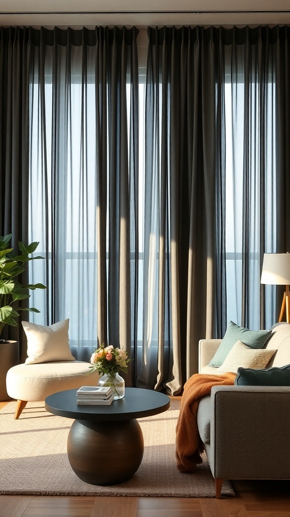 A cozy living room with dark sheer curtains, a comfortable sofa, and a stylish coffee table.