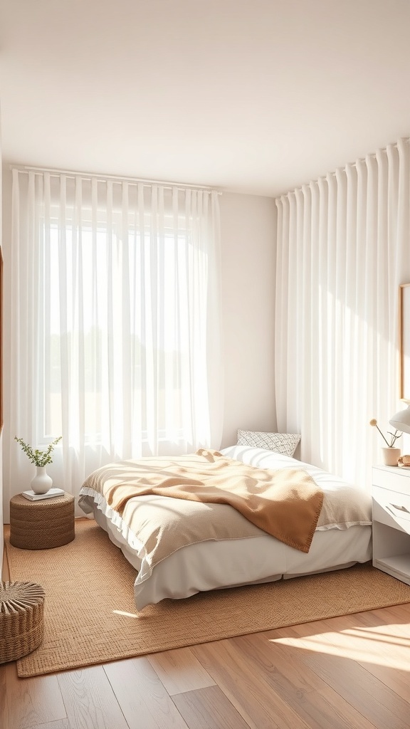 A small bedroom with light sheer curtains, a cozy bed, and a warm rug.