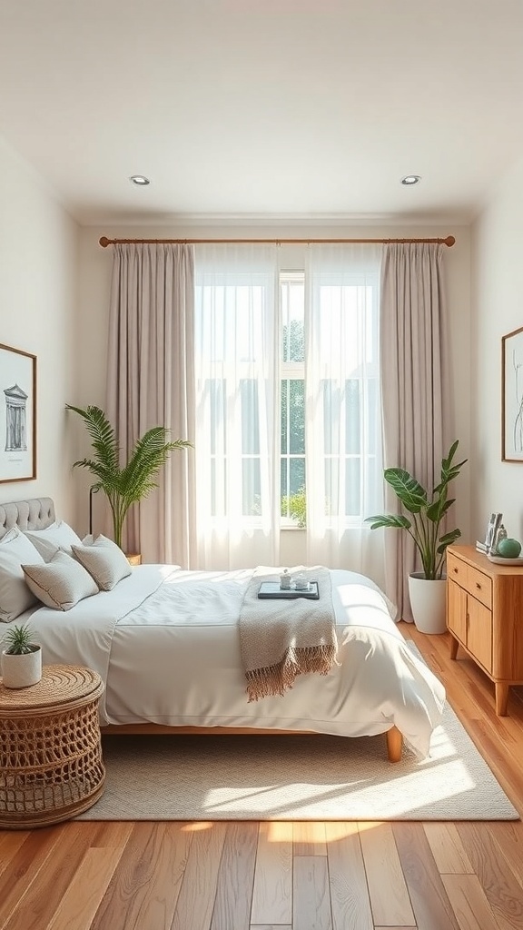 A small bedroom with light curtains that enhance natural light.