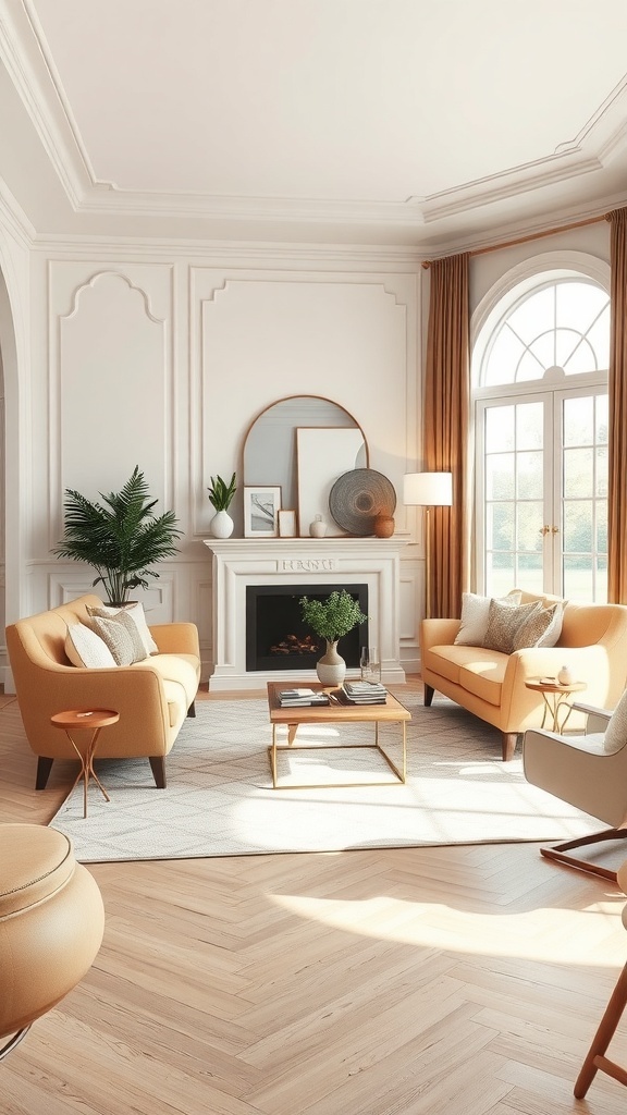 A cozy living room featuring curved moulding designs, warm furniture, and a fireplace.