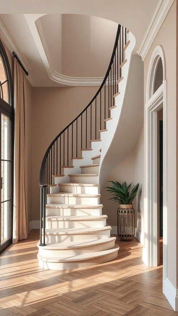 A beautifully designed curved staircase with a neutral color palette and a potted plant.