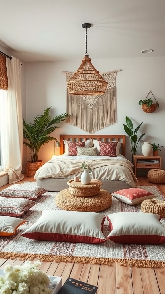 A cozy boho bedroom featuring cushioned floor seating with pillows and a low table.
