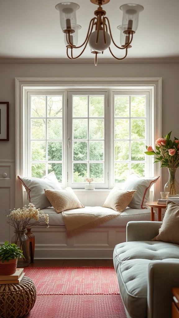 Cozy cottage living room with cushioned window seat, plants, and warm lighting.
