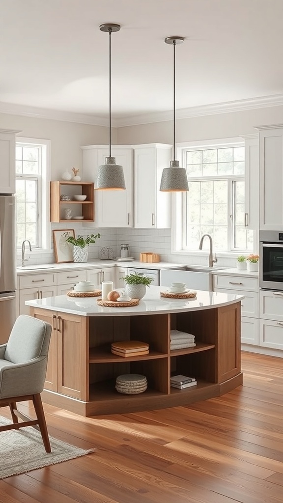 A modern kitchen featuring a custom-built corner island with a white countertop and wooden cabinetry.