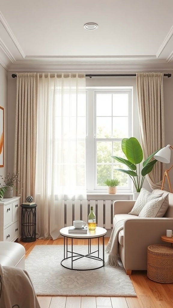 A cozy living room featuring custom-made curtains that frame a window, allowing natural light to filter in.