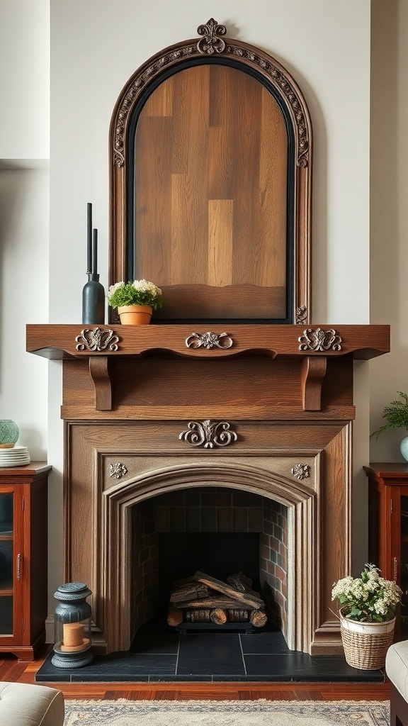 A custom-made rustic fireplace mantel with intricate carvings and an arch above the fireplace.