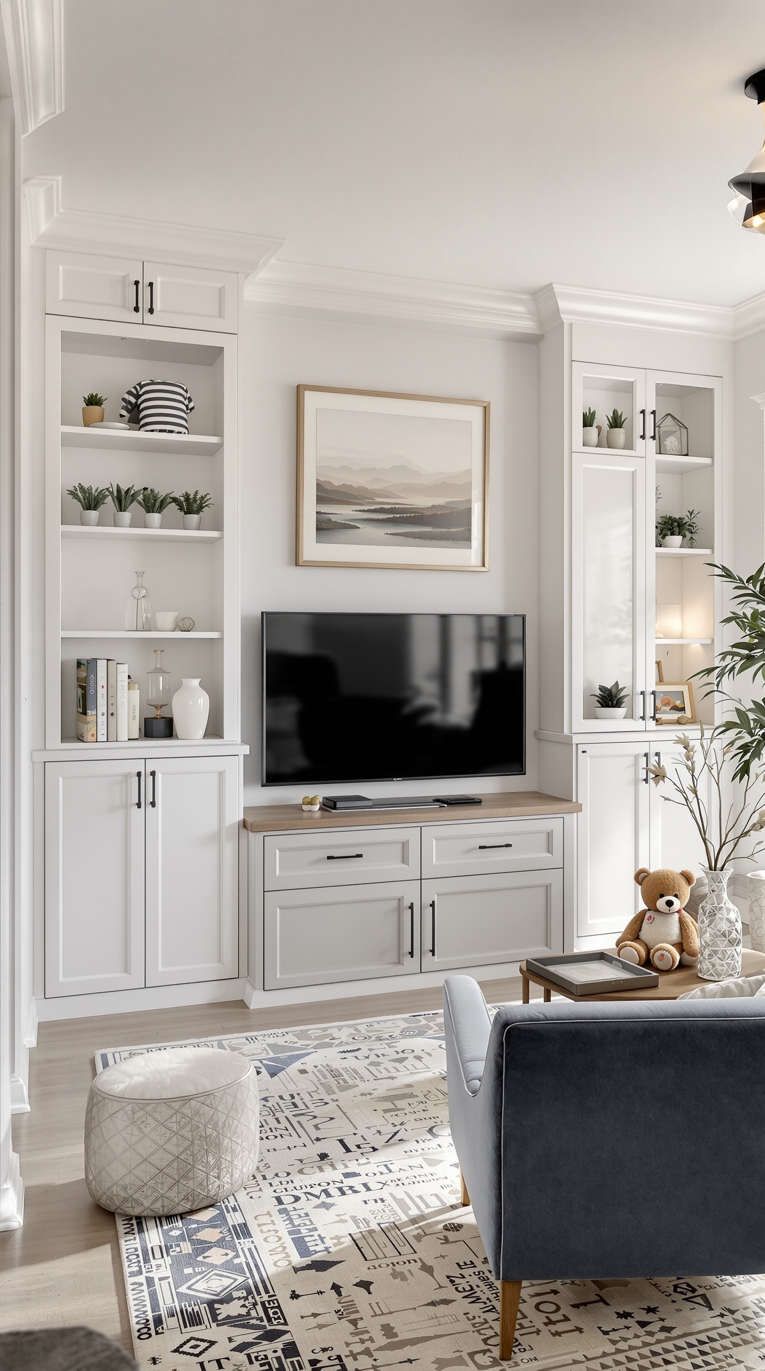 A living room featuring custom built-in cabinets for toy storage, with a cozy chair and decorative elements.