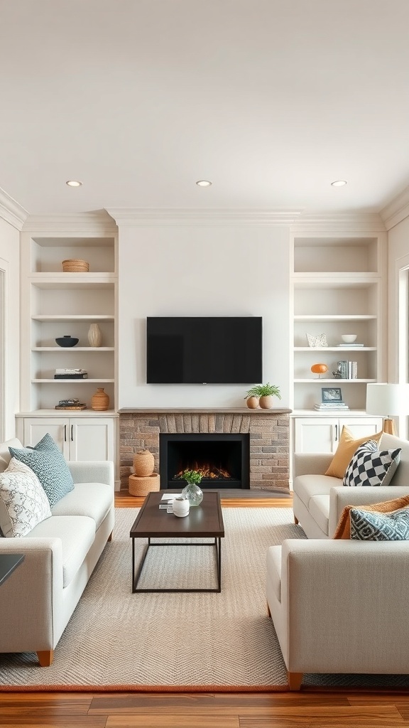 Living room with custom built-in cabinets surrounding a TV and fireplace, featuring light-colored furniture and decorative items.
