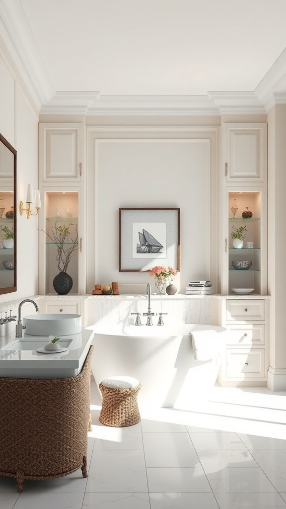 A bright and modern bathroom featuring custom built-in cabinets with glass shelves, a freestanding bathtub, and a stylish sink.