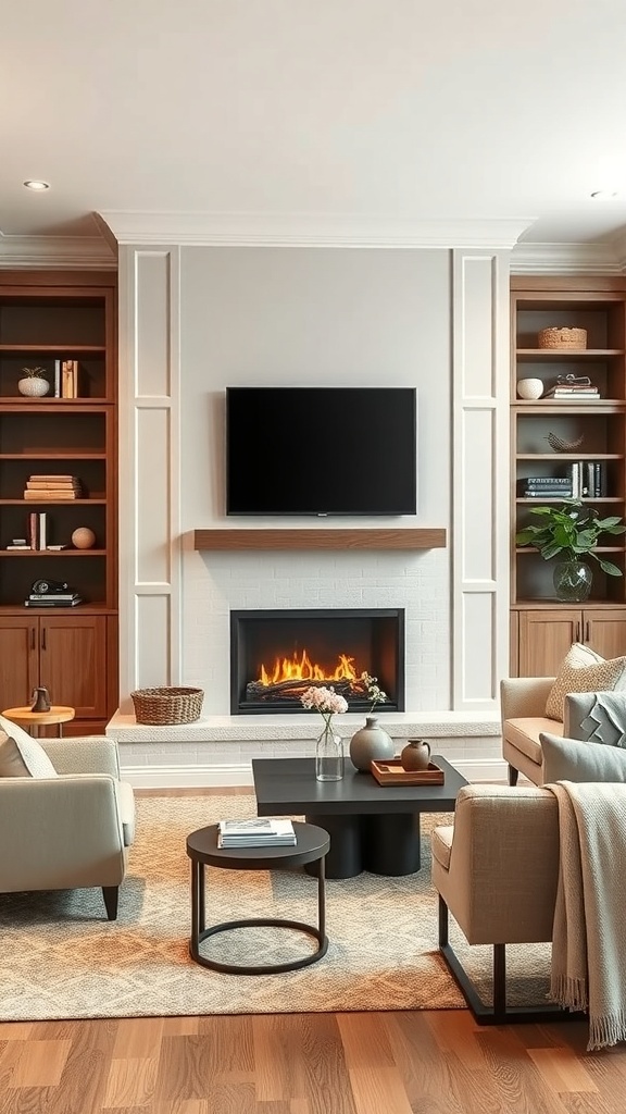 A modern living room featuring a custom built-in fireplace with a TV above it and stylish shelving on either side.