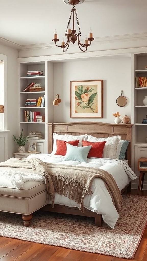 A vintage farmhouse bedroom featuring custom built-in shelving, a cozy bed, and warm decor.