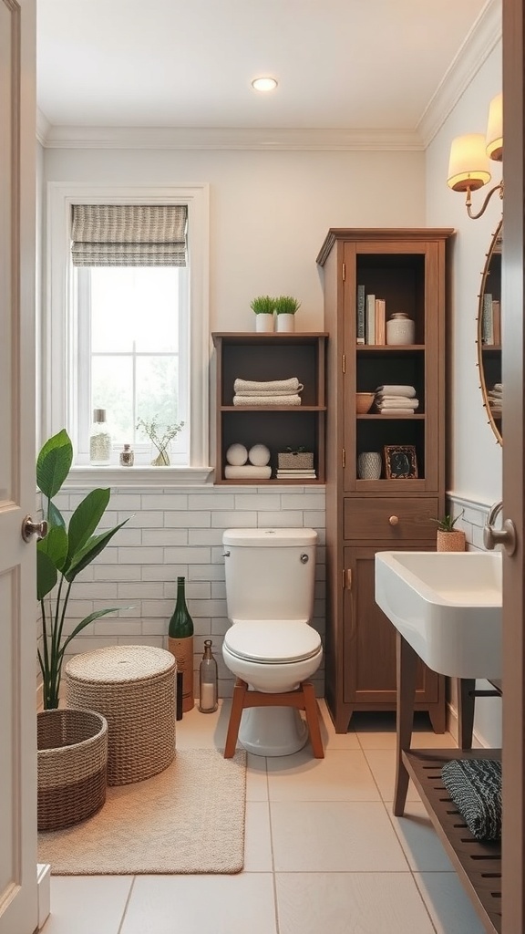 A small bathroom featuring custom built-in storage solutions, including shelves and cabinets, with decorative elements.