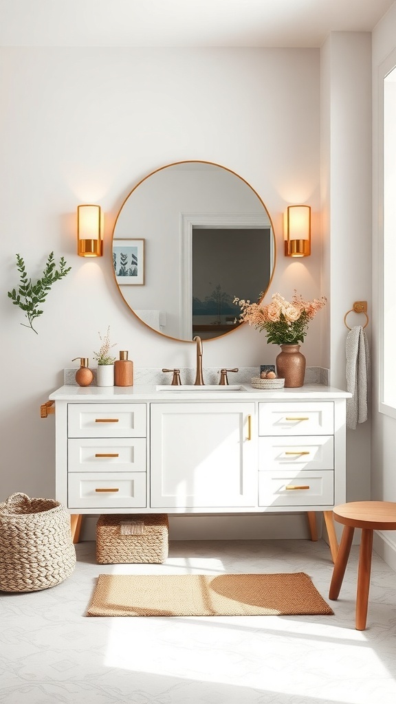 A stylish bathroom with a white built-in vanity, round mirror, and natural decor.