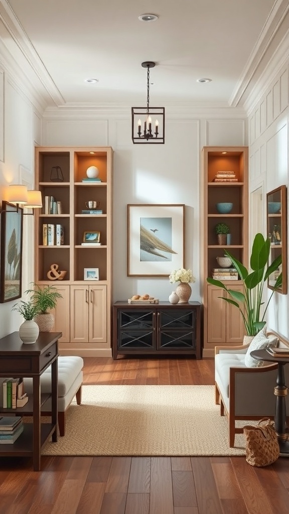 A stylish foyer with custom built-in shelves, seating, and decorative elements.