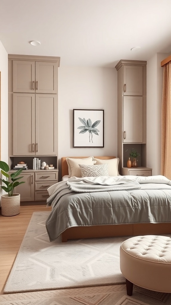 A small bedroom with custom built-in storage cabinets, a cozy bed, and a plant.