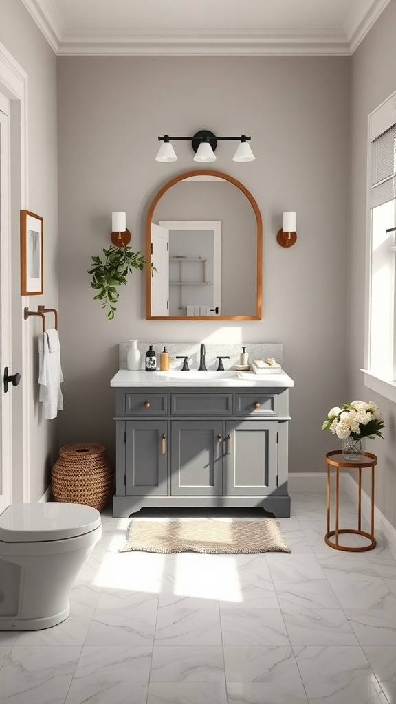 Stylish single sink bathroom with custom built-in vanity and modern decor