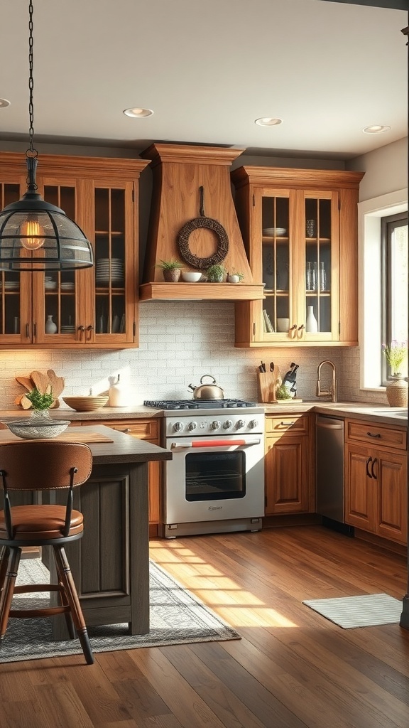 Rustic kitchen with custom built-in cabinets and a range hood