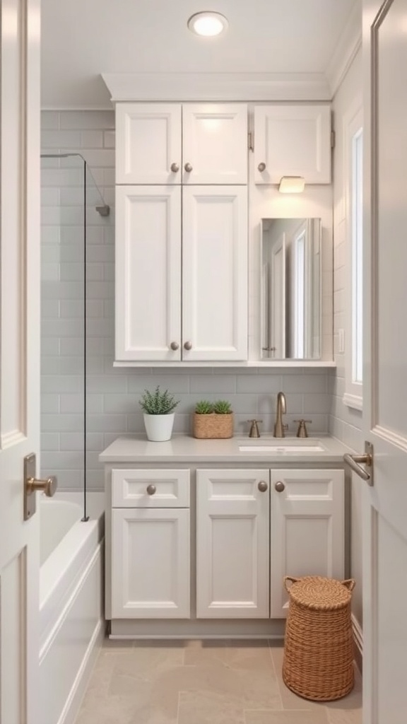 Small bathroom with custom white cabinets and a modern design