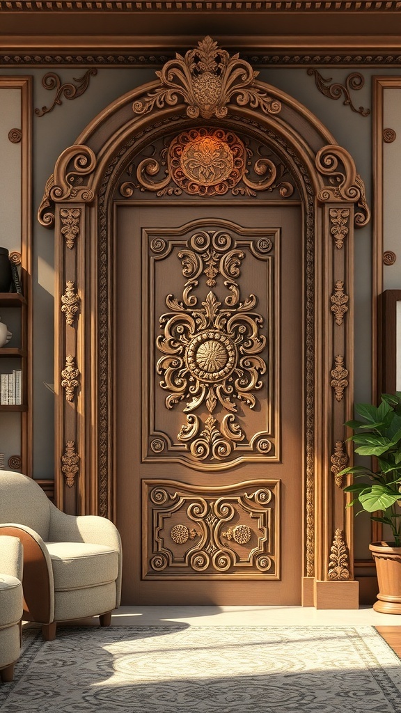 Intricately carved wooden door with ornate details and a warm wood finish.