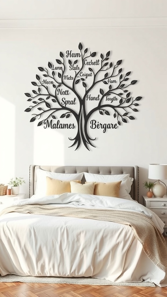 Custom family tree metal art displayed on a wall above a bed