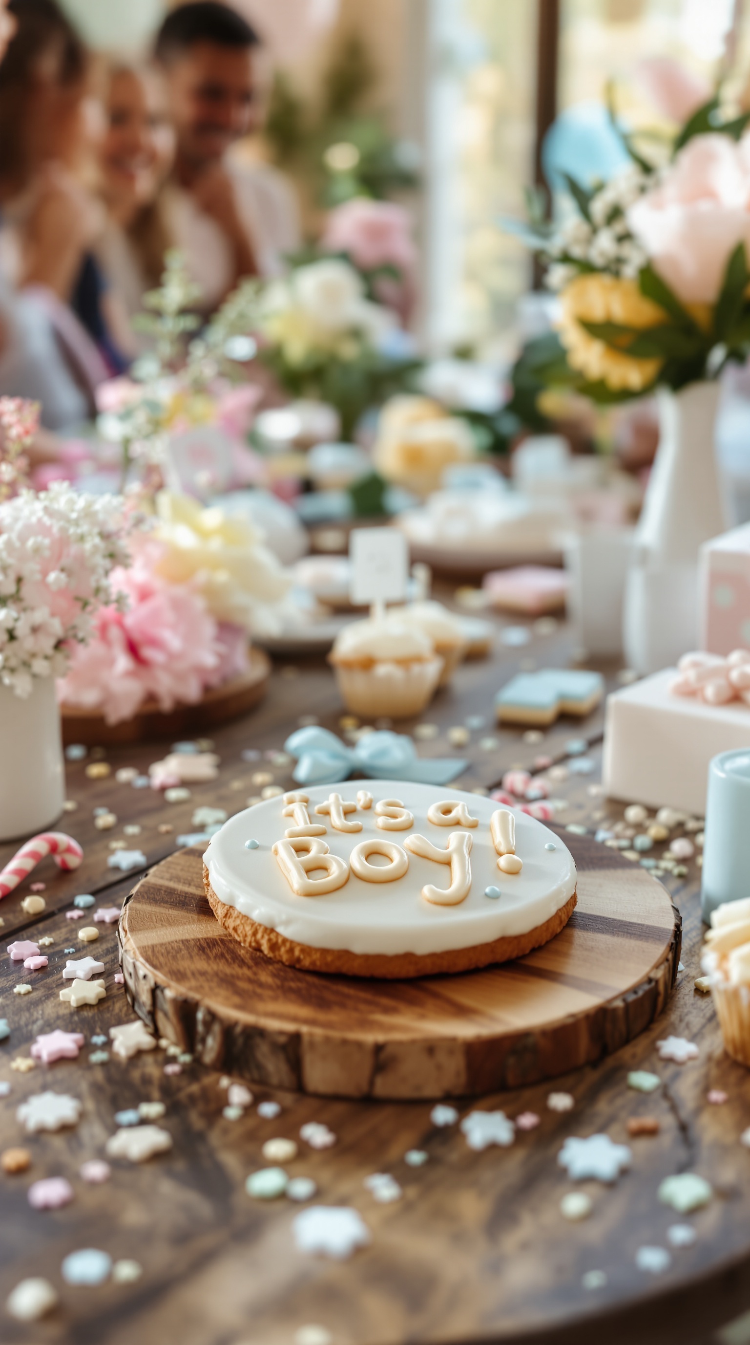 A large cookie decorated with the message 'It's a Boy!' surrounded by colorful candies and flowers.